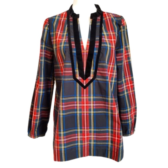 J. CREW Black Velvet-trimmed V-neck holiday tunic in Stewart tartan, X-Small NWT - Picture 4 of 8